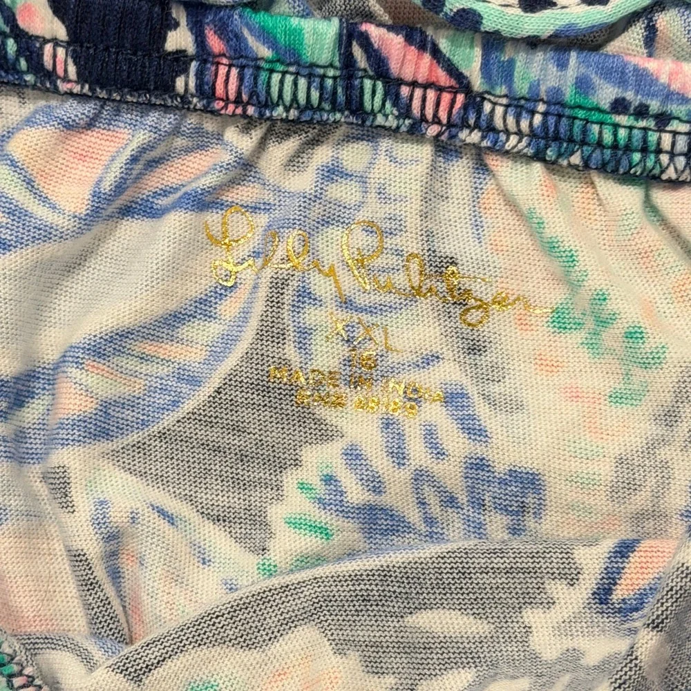 Lilly Pulitzer Girls XXL 16 Romper Navy Pink Floral Paisley Ruffle Off Shoulder